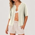 thumbnail image 3 of Lixiuxyad ‌Women's Crew Neck Ribbed Knit Cardigan Short Sleeve Open-Front Button-Up Cardigan,Beige, 3 of 6