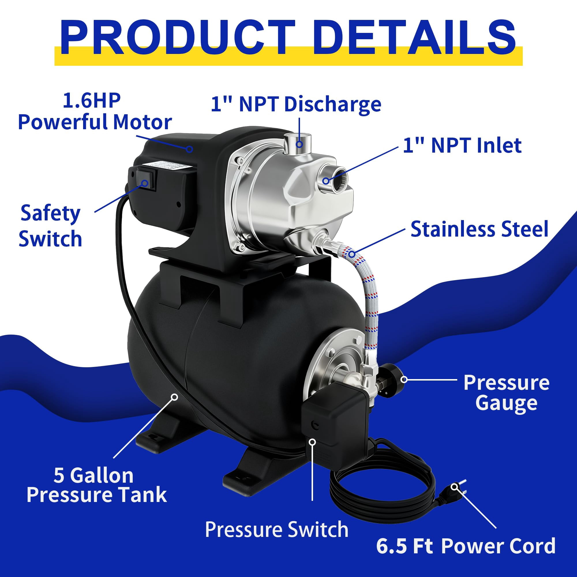 LANCHEZ 1.6 HP Shallow Well Pump with 5 Gallon Tank, 1340 GPH 115V Stainless Steel Water Booster Jet Pump for Garden Irrigation
