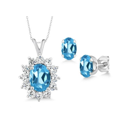 2.54 Ct Oval Swiss Blue Topaz 925 Sterling Silver Pendant Earrings Set