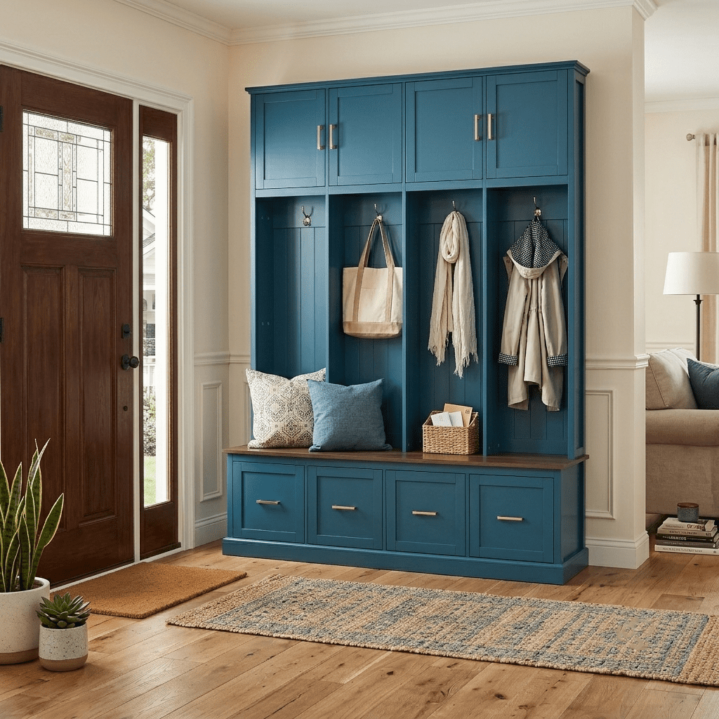 Howcool Farmhouse 59"W Hall Tree with 4 Hooks & Shoe Storage Bench,Entryway Organizer Mudroom Furniture with Upper Cabinets,Drawers,Navy Blue
