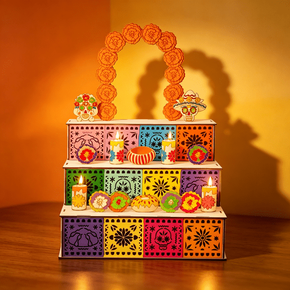 Day Of The Dead Altar Display Set Wooden Ofrenda Stand Triple Tier Tabletop Decoration