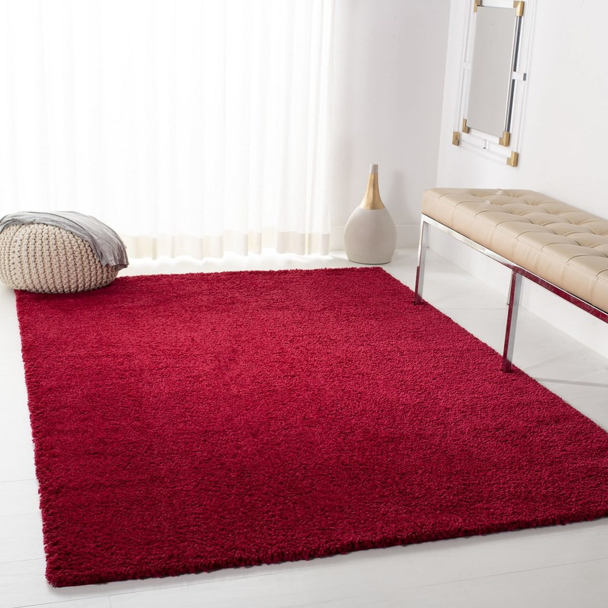 SAFAVIEH August Carlene Solid Plush Shag Area Rug, Red, 3' x 3