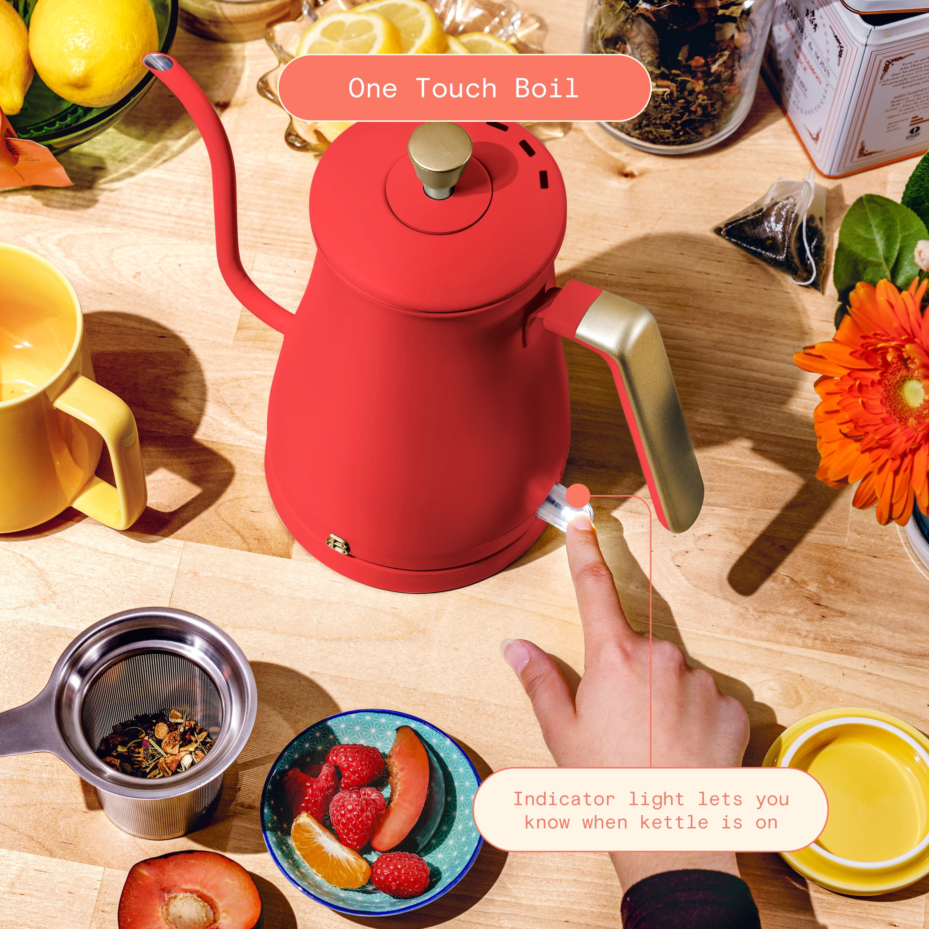 Beautiful 1-Liter Electric Gooseneck Kettle 1200 W, Tomato Red by Drew Barrymore