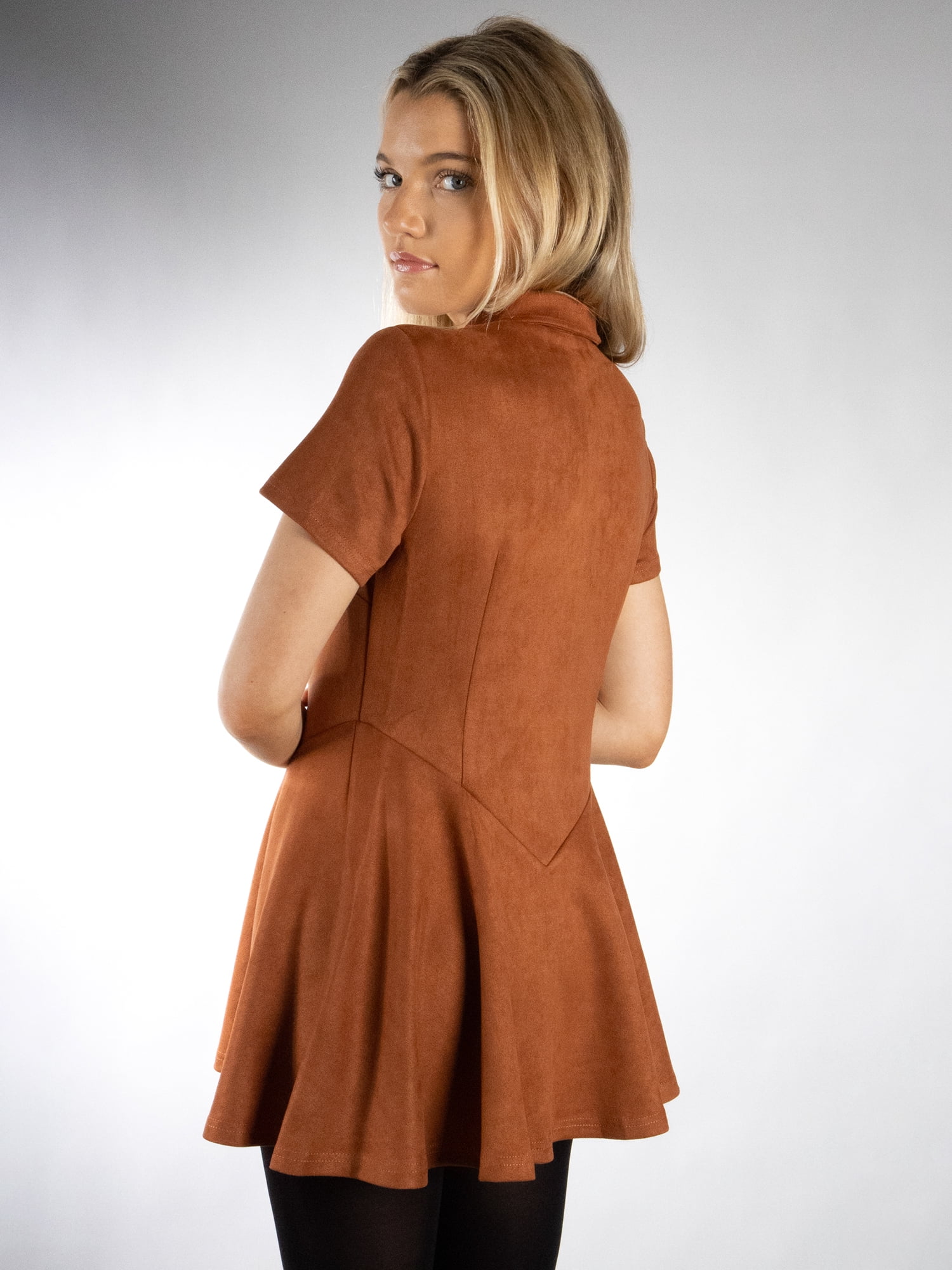 DARING DIVA Women's Stylish Pointed Collar Short Sleeve Button Down Dress L Burnt Orange