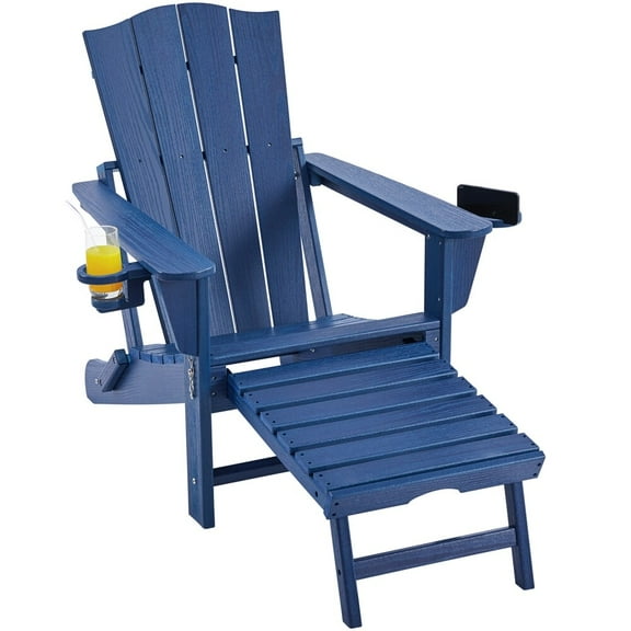 AOJDVE HDPE Adirondack Outdoor Chair with Retractable Ottoman, 380LBS Capacity, Cup Holder/Phone Holder/Wine Glass Holder, All-Weather, Navy Blue