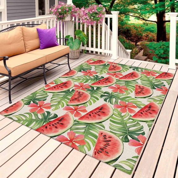 Watermelon Outdoor Rug for Patio/Deck/Porch, Non-Slip Large Area Rug 6 x 9 Ft, Red Fruit Tropical Floral Palm Leaves Summer Indoor Outdoor Rugs Washable Area Rugs, Camping Rug Carpet Runner
