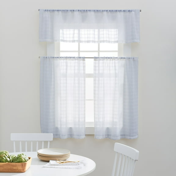 Better Homes & Gardens Tonal Windowpane Valance & Tier Set, 3 Piece Indoor Curtain, Soft Silver, 60"W x 36"L, Adult