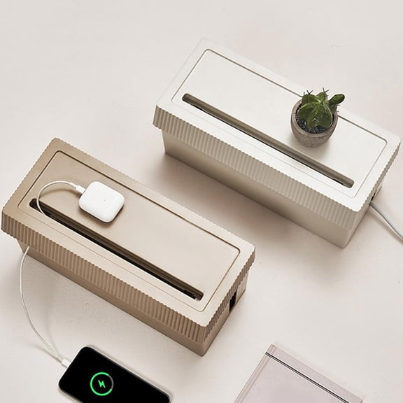 Cable Management Box with Power Strip Organizer and Device Stand for Home Office Desk Cord Storage and Clutter-Free Workspace
