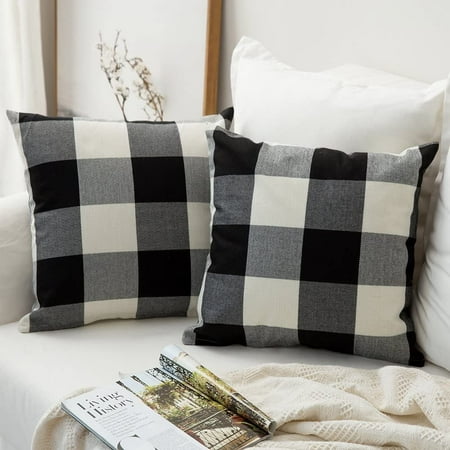 

MIULEE Pack of 2 Halloween Classic Farmhouse Buffalo Check Plaids Linen Soft Solid Decorative Square Throw Pillow Covers Black and White Home Decor Outdoor Cushion Case for Sofa Bedroom 16x16 Inch