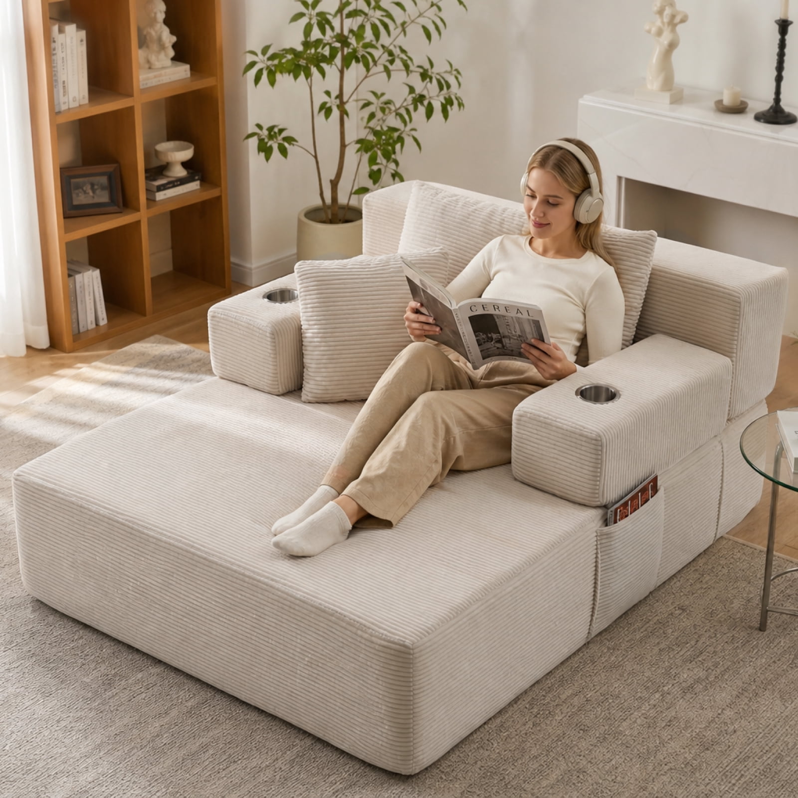 48" Wide Luxurious Corduroy Chaise Lounge with 3 Pillows, 71" Convertible Sofa Bed with Storage Pocket and Cup Holders
