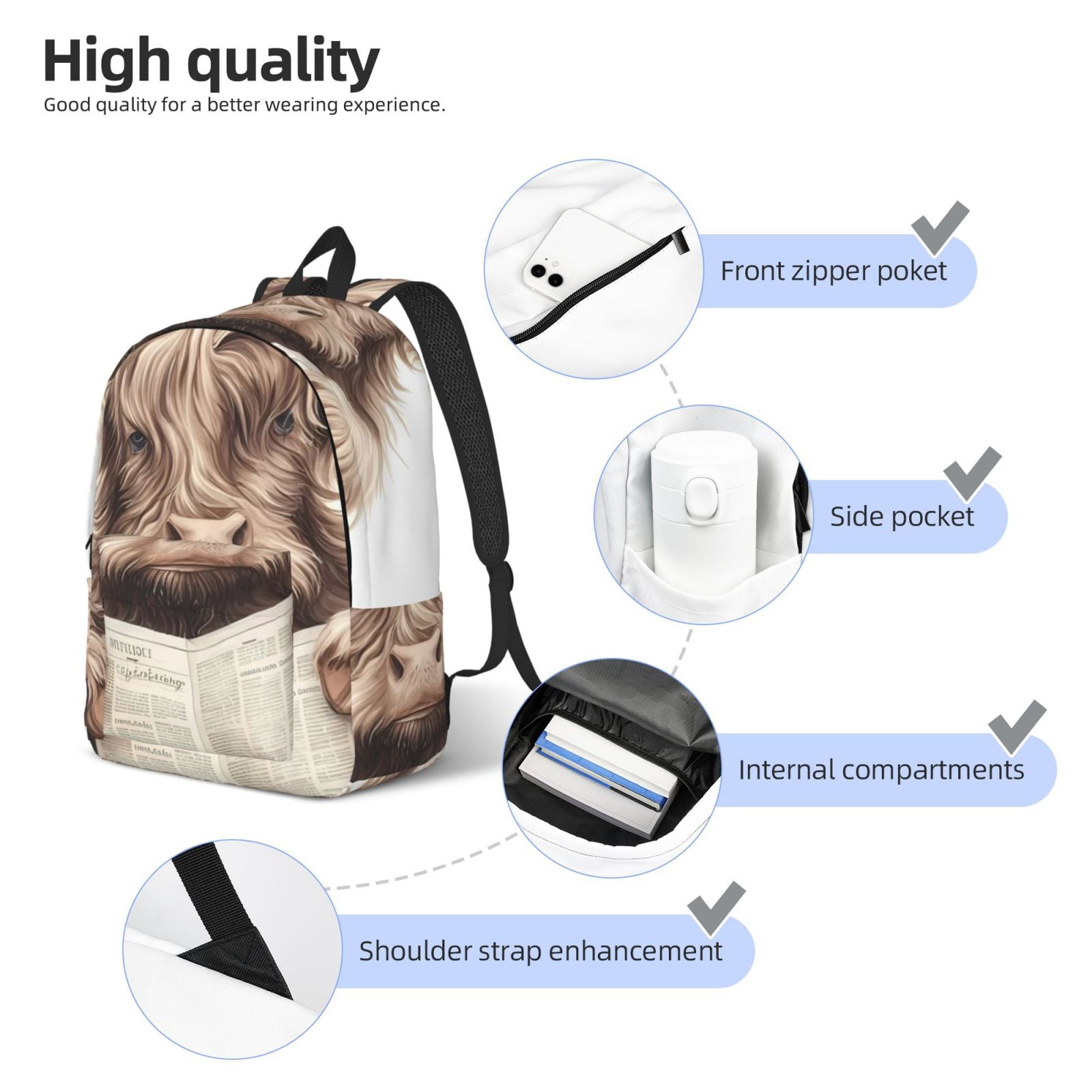 Picia Relaxed Cute Cow Reading Printed Canvas Daypack - Stylish and Durable Vintage Compact Backpack - Class, Work, Travel, or Laptop Bookbag,Organized Compartments-Small