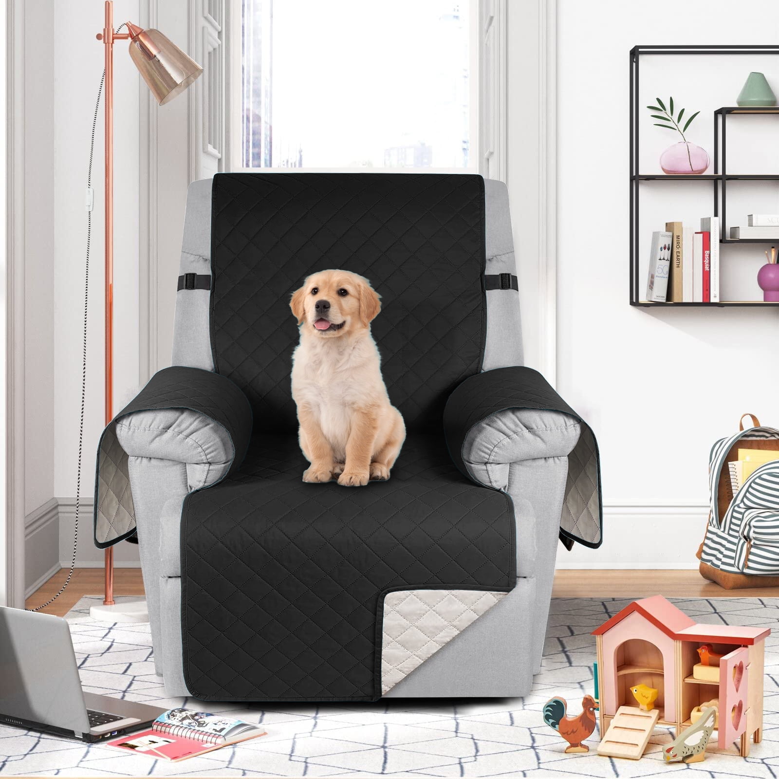 Sanmadrola Recliner Chair Cover Reversible Small Recliner Slipcover for Dogs Seat Width to 25 Inch Washable Couch Cover with Elastic Straps for Kids and Pets(Small Recliner, Black)