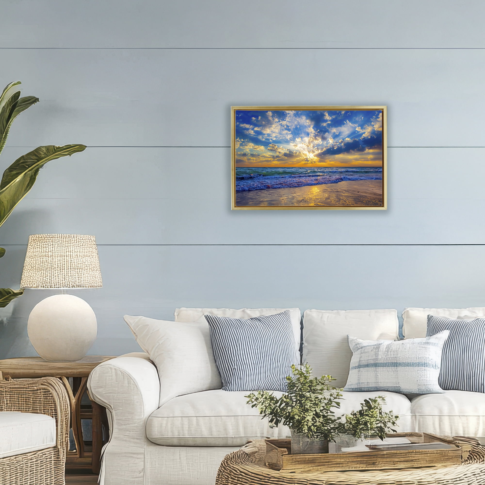 Stupell Industries Golden Blue Sun Ray On Beach Gold Framed Floater Canvas Wall Art, design by Eszra Tanner