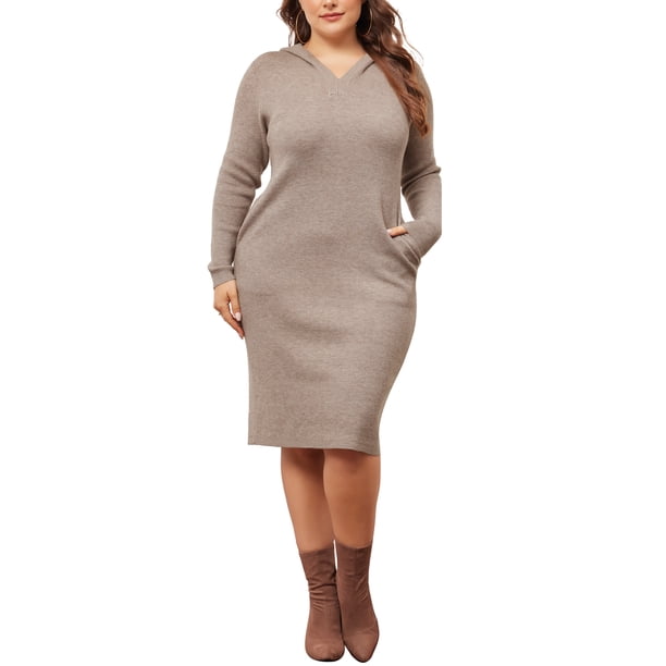 Vestido de suéter de talla grande Agnes Orinda para mujeres, vestido midi con capucha de manga larga 4X color caqui
