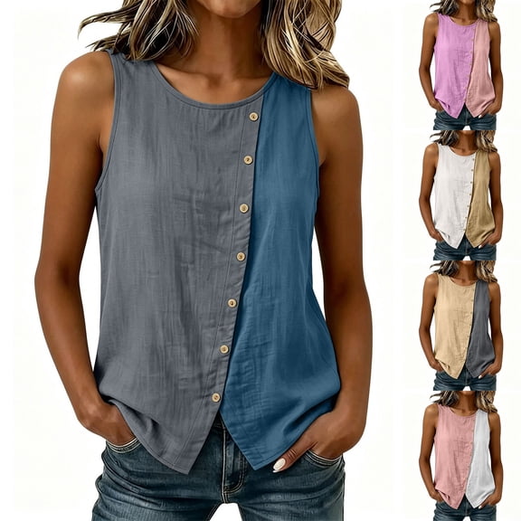 Ashirexll Summer Tops for Women Summer Casual Color Blocked Sleeveless Shirt Breasted Loose Casual Top for Spring