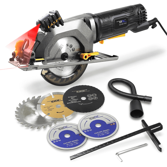 NEWONE Mini Circular Saw 4.5Amp Electric Circular Saw with 6 Saw Blades 3500RPM Circular Saw with Laser for Wood Soft Metal Tile and Plastic Cutting