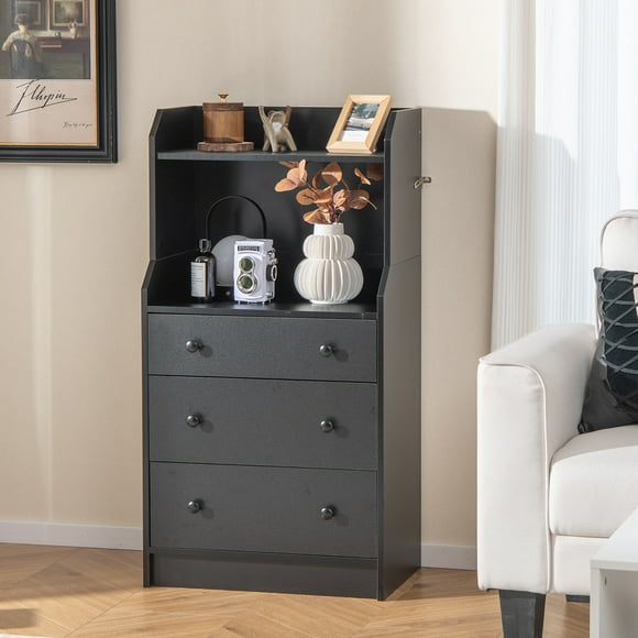 Giantex 3 Drawers Dresser for Bedroom, Storage Dresser Chest w/Anti-toppling Device, Tall Nightstand, Black