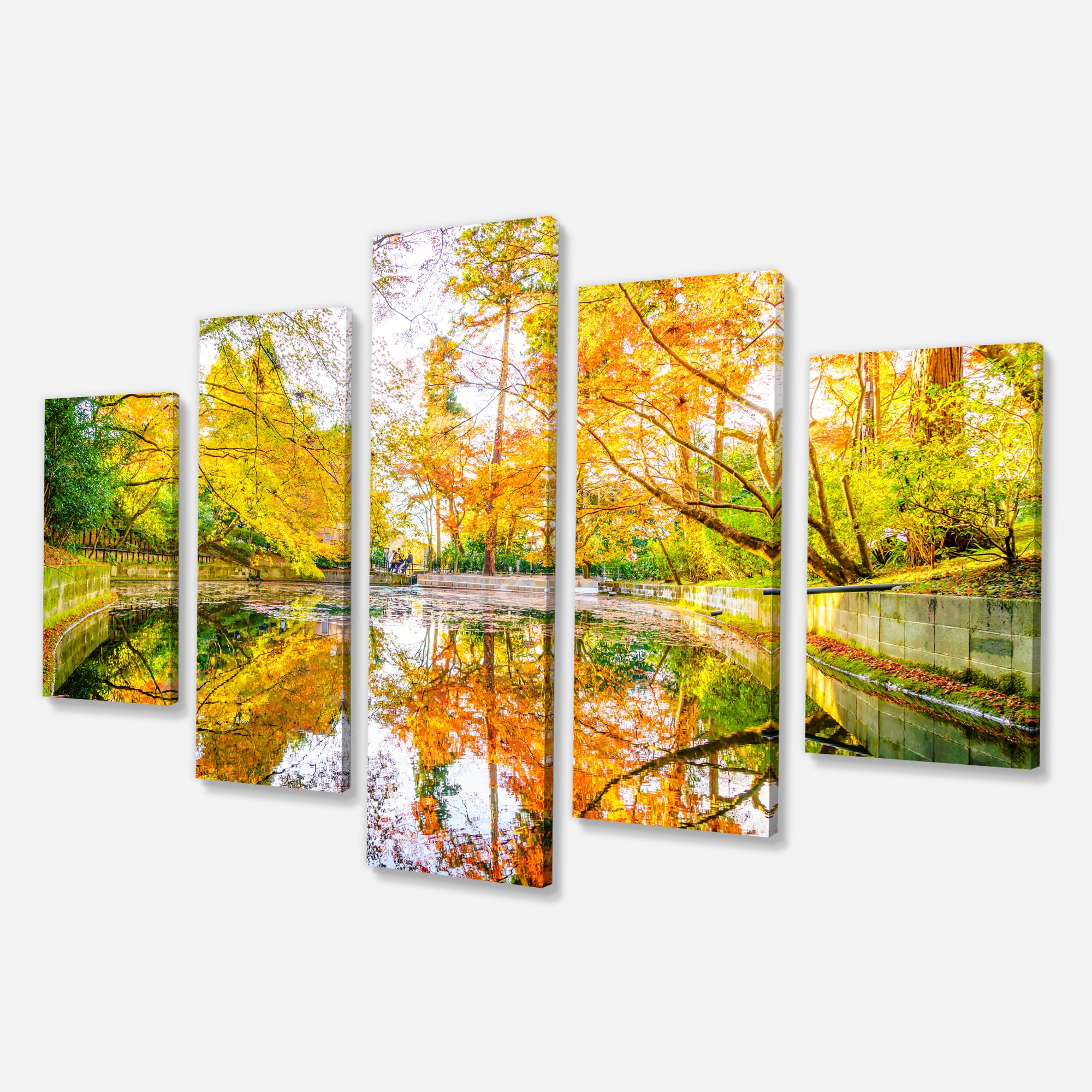 Designart 'Bright Fall Forest with River ' Landscape Canvas Art Print