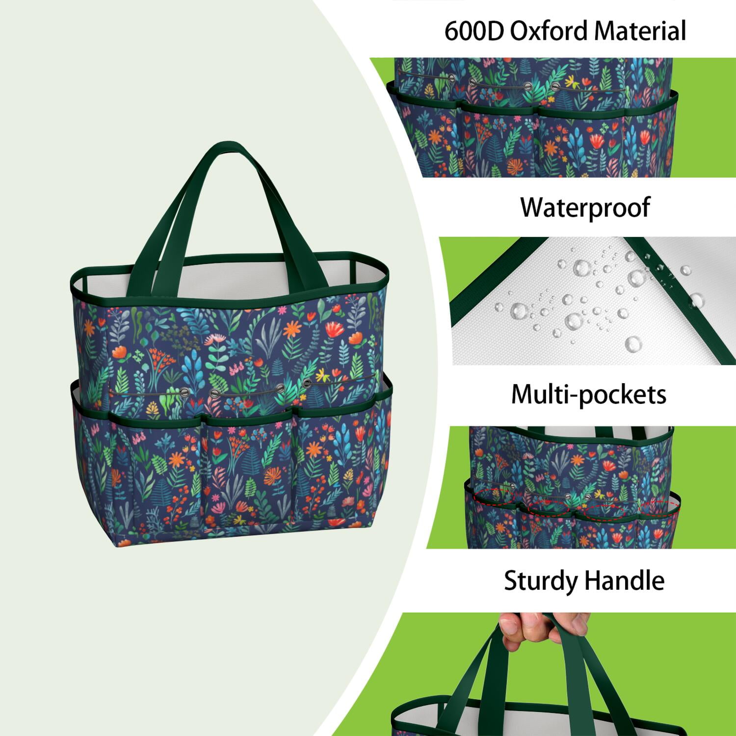 Bright Flowers Garden Tools Bag, Water-proof Oxford Garden Tote Home Organizer Gardening Tool Bag Kit Holder with 8 Pockets for Indoor and Outdoor Gardening(Tools Not Included)