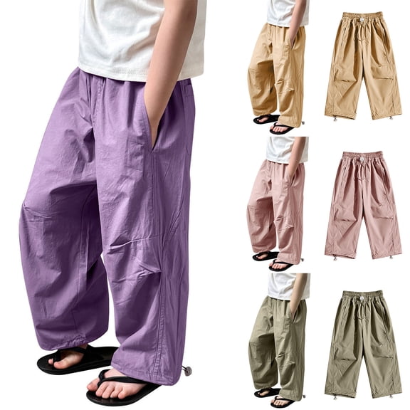 Bixock Toddler Girls Cargo Pants,Girls Sweatpants,Solid Color Pants Linen Cargo Pants Wide Leg Pants Long Pants