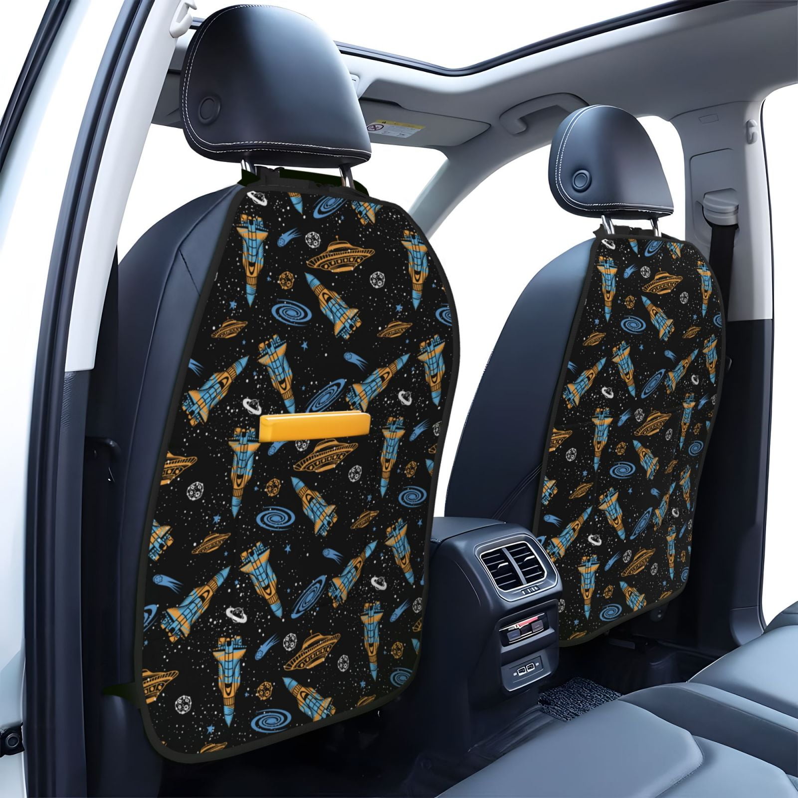 Xecao Space Rockets Pattern Car Seat Back Protector 2 Pack Large Capacity Pocket, Kick Mats Back Seat Protector