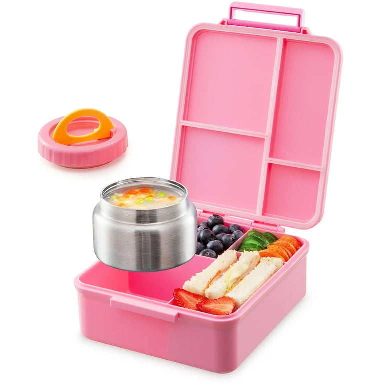  SKIEXOAD Bento box for kids - Insulated Lunch Box with 8oz  thermos Food Jar ，Leak-proof Lunch Containers with 4-compartment and 2  temperature zones(pink): Home & Kitchen