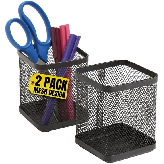 1InTheOffice Pen Cup Holder, Metal Mesh Pencil Cup Holder, Stackable Wire Mesh Regular Pencil Holder, Matte Black 2 Pack