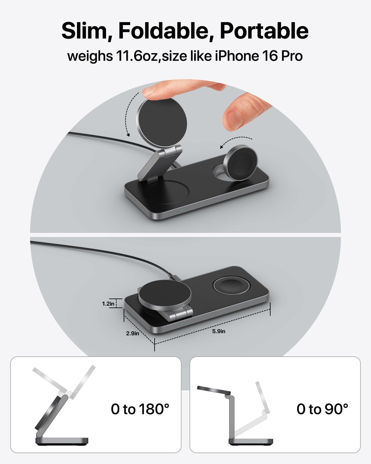 3-in-1 Magnetic Foldable Wireless Charging Station - Fast Charging Compatible with MagSafe (iPhone 16/15/14/13/12), Apple Watch 4 5 6 7 8 9 10 SE/Ultra & AirPods Pro/4/3/2