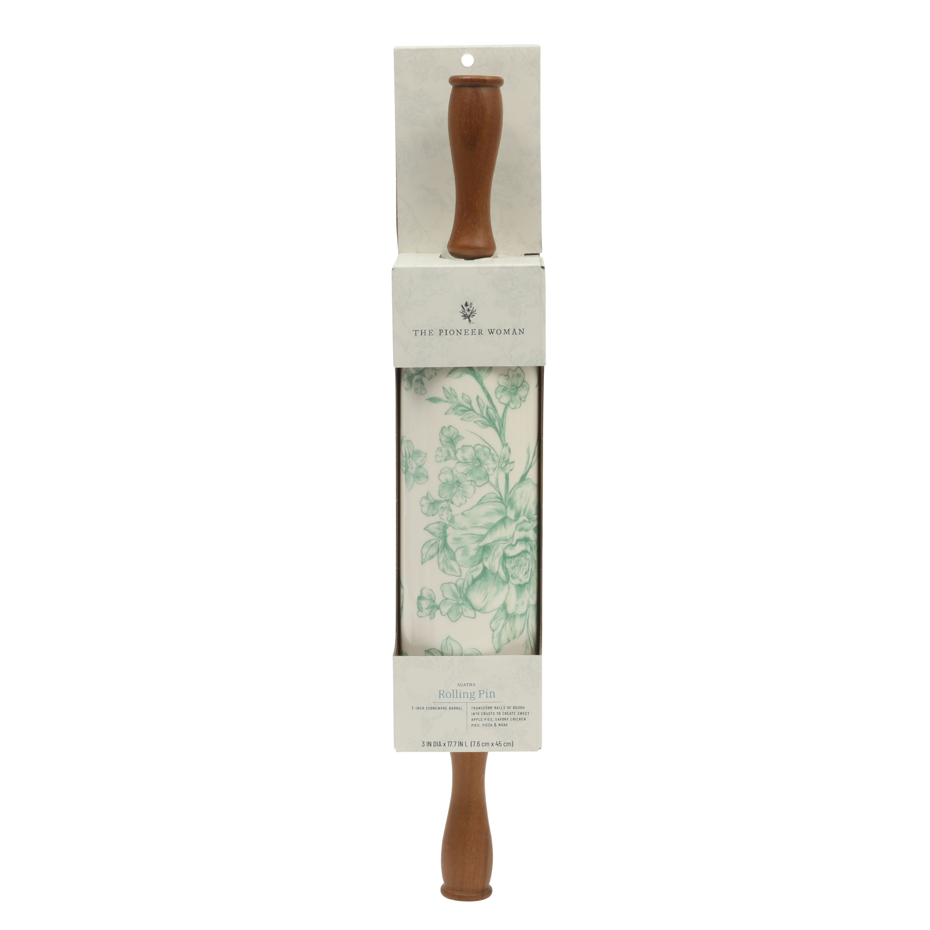 The Pioneer Woman Agatha Ceramic Rolling Pin with Wood Handles, Green