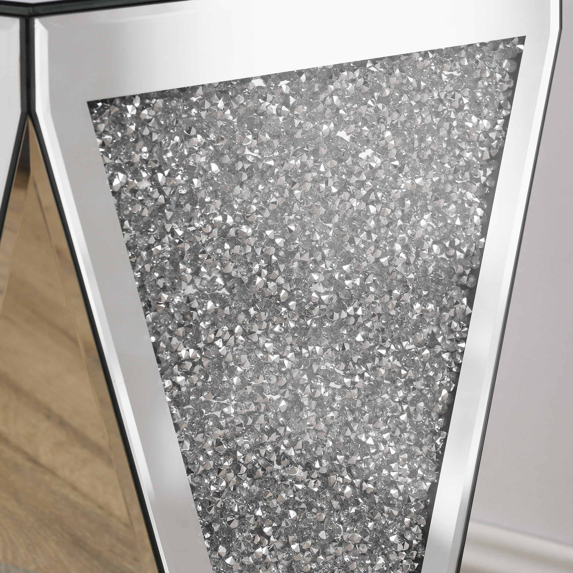 Inverted Triangular Mirror Square End Table, Silver Side Table with Crystal Diamond Inlaid, Glass Table for Corridors, Living Rooms, Bedrooms, Sofas