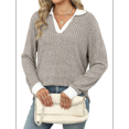 thumbnail image 3 of Suéteres de Cuello en V para Mujer, Jersey con Bloques de Color, Mangas Largas, Corte Holgado, Estilo Informal, Tipo Túnica, Camisetas. Caqui S, 3 of 10
