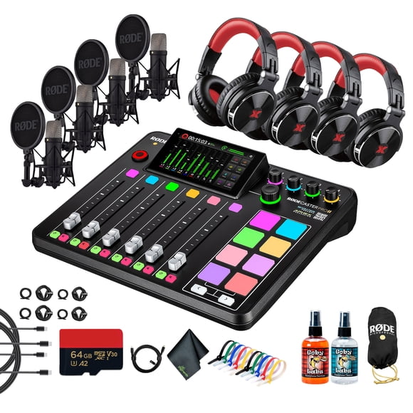 RODE RODECaster Pro II + 4x Studio Headphones + 4x RODE NT1 5th Gen Podcast Microphone + 64GB Micro SD Memory Card + Cable Ties + Sanitizer Spray + More (Bundle)