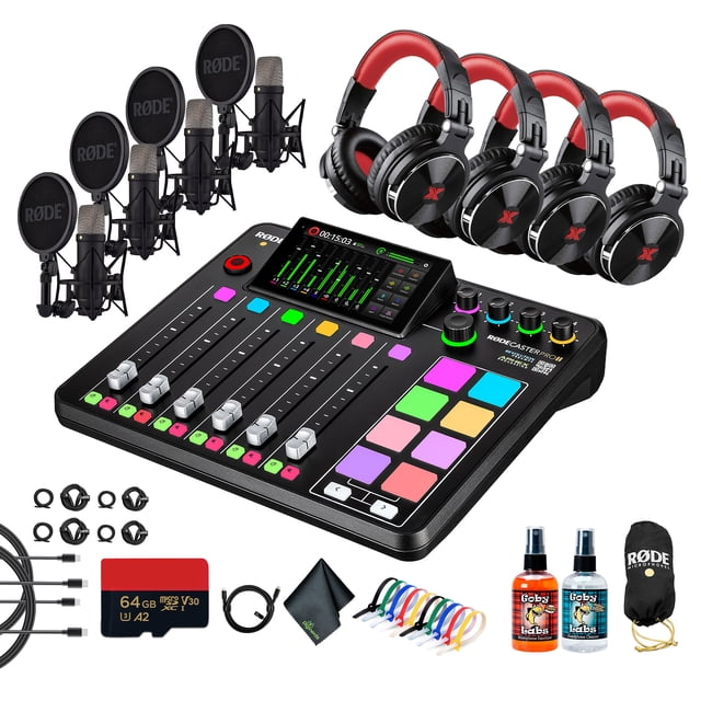 RODE RODECaster Pro II + 4x Studio Headphones + 4x RODE NT1 5th Gen Podcast Microphone + 64GB Micro SD Memory Card + Cable Ties + Sanitizer Spray + More (Bundle)