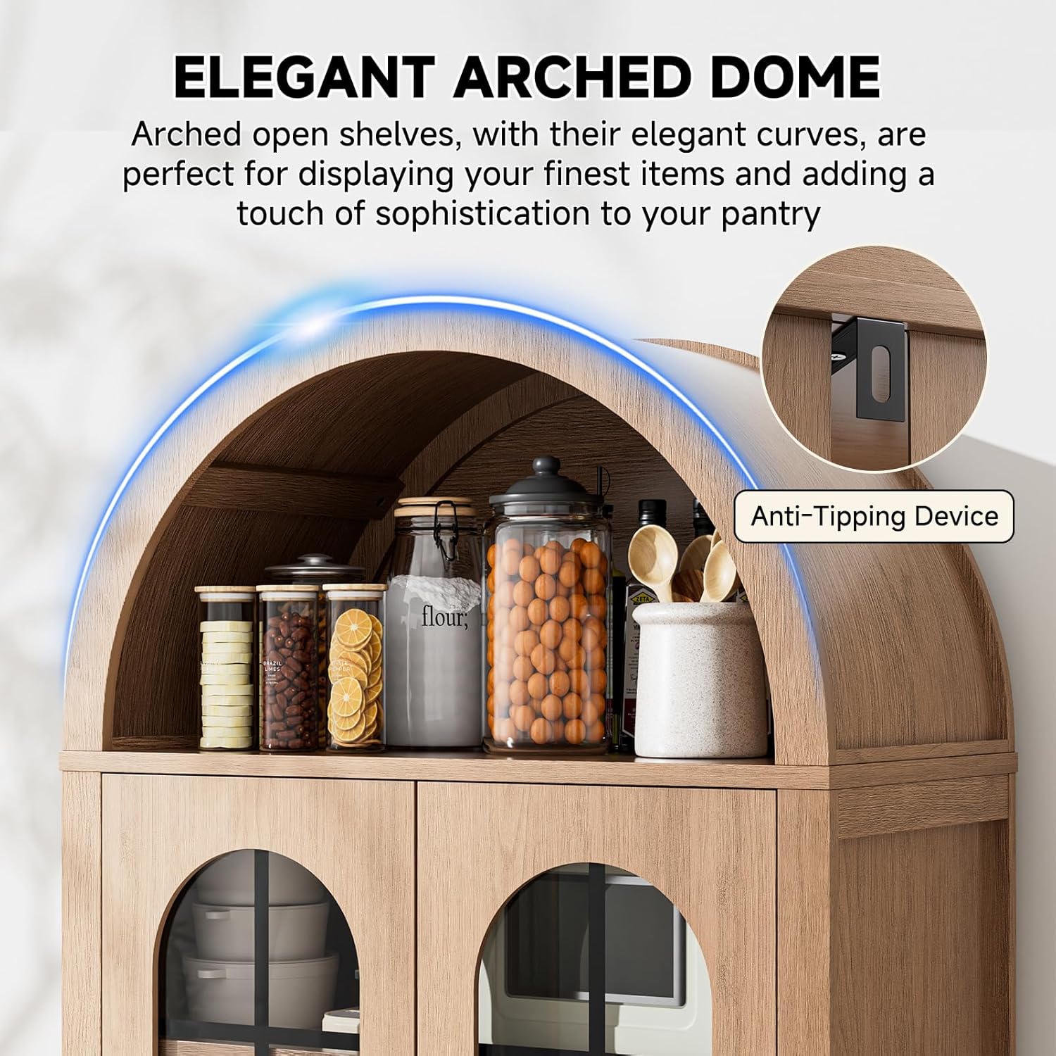 Mophoto Arched cabinet Bookshelf Bookcase Storage with Tempered Glass Doors Versatile Kitchen Cabinets,71“ Tall Food Pantry Furniture for Living Dining Room(Black)