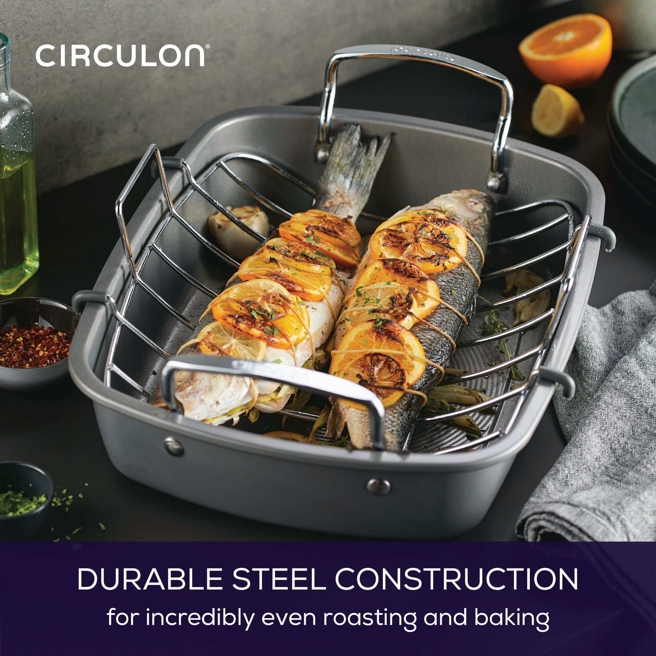 Circulon 17-Inch by 13-Inch Nonstick Bakeware Roaster with U-Rack, Gray