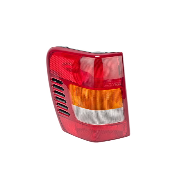 calavera grand cherokee 1999 al 2004 jeep izquierda/piloto depo nuevo lámpara trasera izquierda en vista 3/4 frontal con lente roja, banda ámbar para intermitente y banda blanca para reversa; pieza única DEPO No. de parte 28494-7525783, fondo blanco. También suele usarse como reemplazo directo en reparaciones de carrocería.