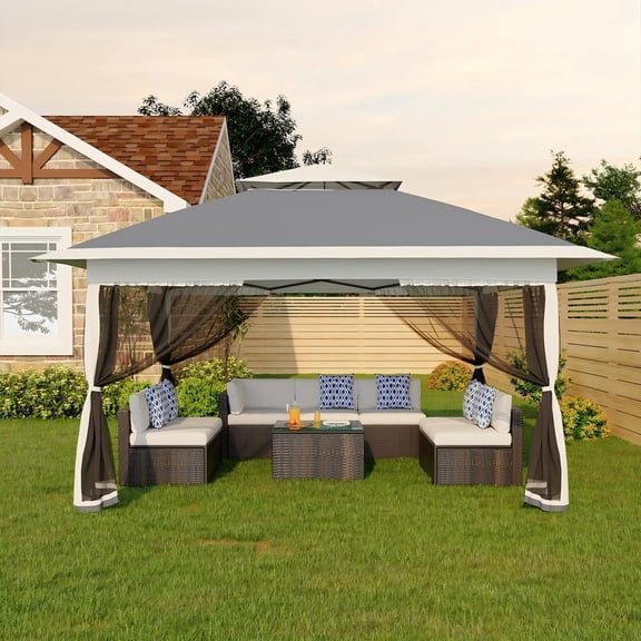 QinaQin 12X12 FT Canopy Tent,Pop Up Gazebo One-Push Setup with 4 SandBags,Mosquito Netting & Height Adjustable for Backyard Parties and BBQs,Gray,Gray