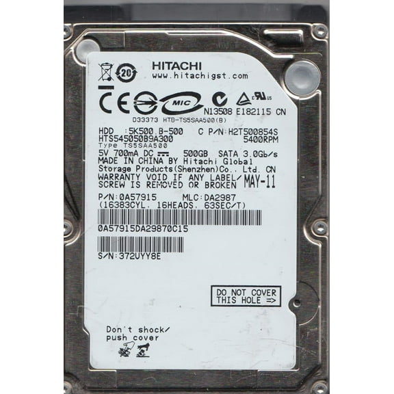 HTS545050B9A300, PN 0A57915, MLC DA2987, Hitachi 500GB SATA 2.5 Hard Drive