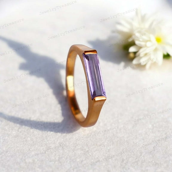 JEWELRYTREASURE Baguette Cut Purple Amethyst Ring Yellow Gold Plated Engagement Ring Solitaire Women Jewelry Gift for Her