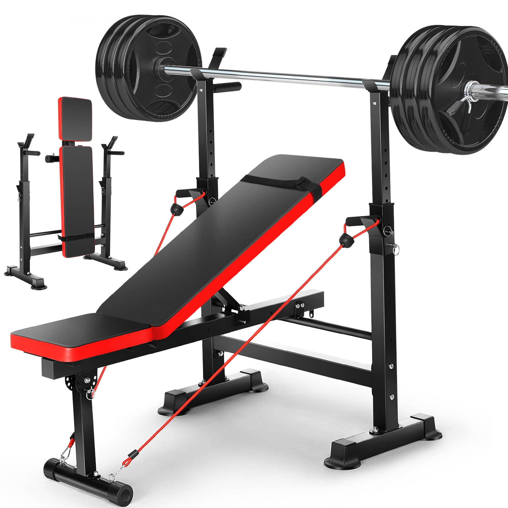 VIBESPARK Adjustable Weight Bench 600lbs 4in1 Foldable Workout Bench Set with Barbell Rack