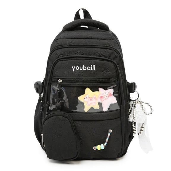 Foral School Backpack, Multi-layer Backpack with Star Pendant&Mini Pendant Bag, Lightweight Loptop Backpack for Middle School College, Black