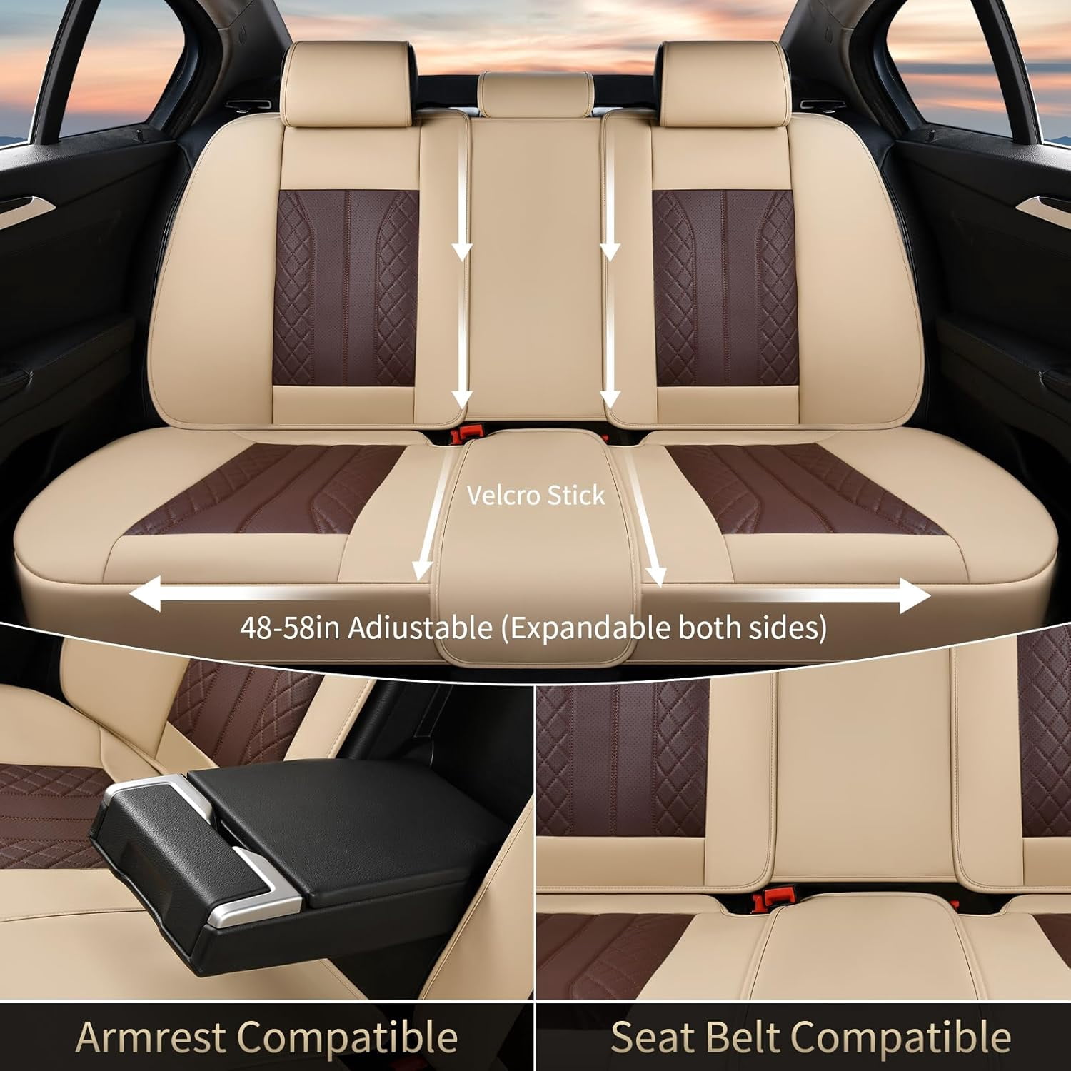 FLORICH Full Set Car Seat Covers, Premium Faux Leather Seat Protectors, Breathable Material Cushions Universal Fit for Most Cars, Beige & Coffee