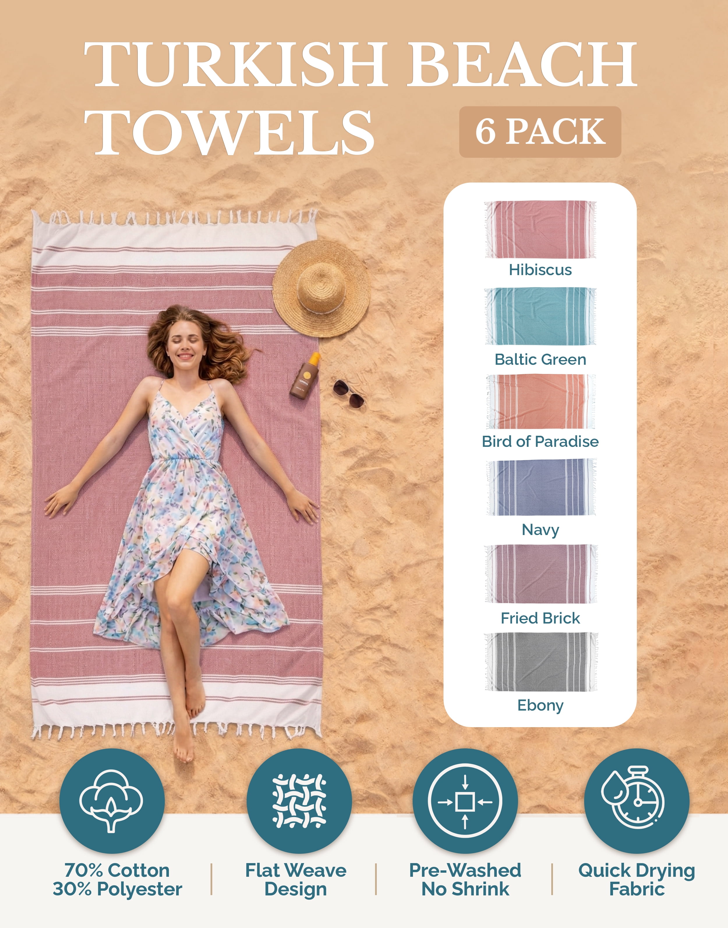 Casa Platino Cotton Beach Towels 6 Pack, Oversized Cotton Beach Towels, Quick Dry Lightweight Sand Free Pool Towels for Summer Fun – Sand Blue