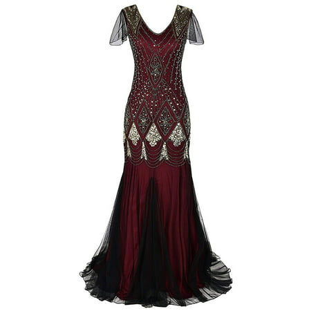 Vintage Women Sequins Maxi Dress Beaded Flapper 1920s Gatsby Club Party Gown Mermaid Dress
