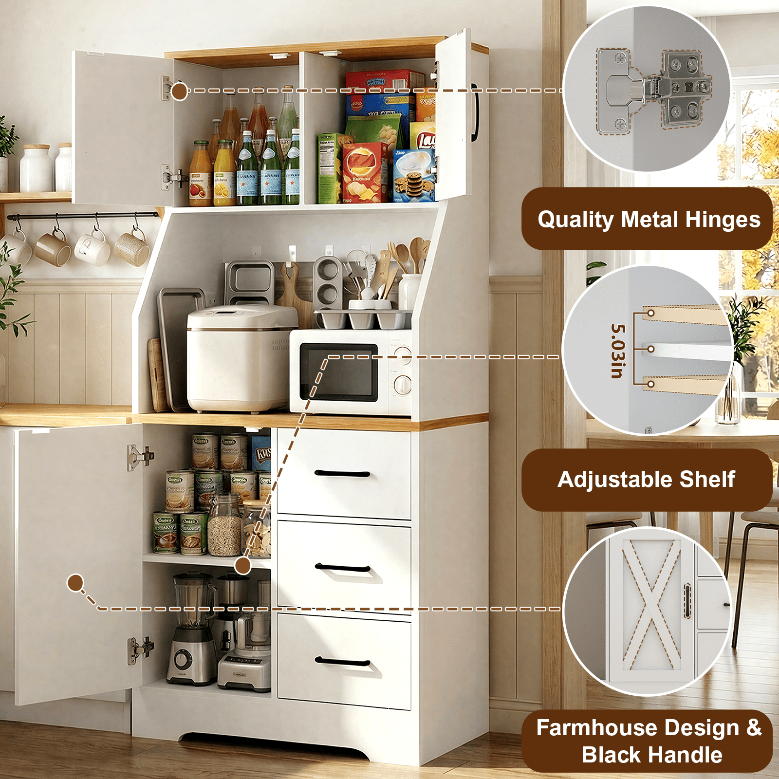 LLappuil 69" Kitchen Pantry, Kitchen Pantry Storage Cabinet with LED Light & Outlet, Kitchen Hutch with 6 Hooks, Drawer, Adjustable Shelves White