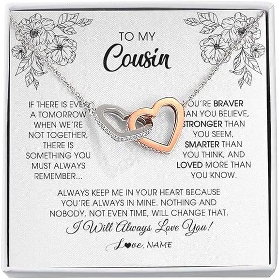 Interlocking Heart Necklace with Message Card and Gift Box, Wedding Gift for Her, To My Badass Cousin Necklace Gift, Floral Cousin Birthday Gift, Christmas Gift for Her