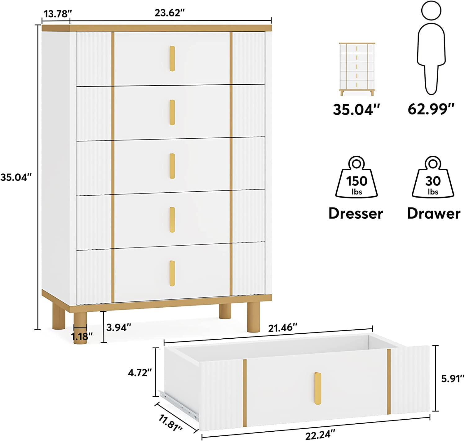 Tribesigns 5 Drawer Chest Dresser, Modern 35 Storage Drawer Organizer