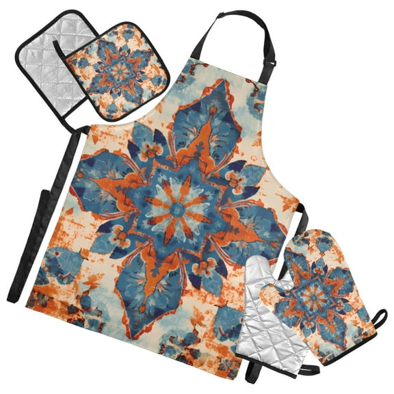 Red Blue Mandala Flower 5 Pcs Kitchen Set Heat Resistant Oven Mitts and Non-Slip Pot Holders with Adjustable Cooking Apron