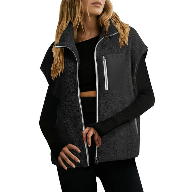 Maean Vestes Sans Manches en Sherpa pour Femmes, Manteau Cardigan en Polaire à Fermeture Éclair, Veste Chaude et Douce pour l'Hiver