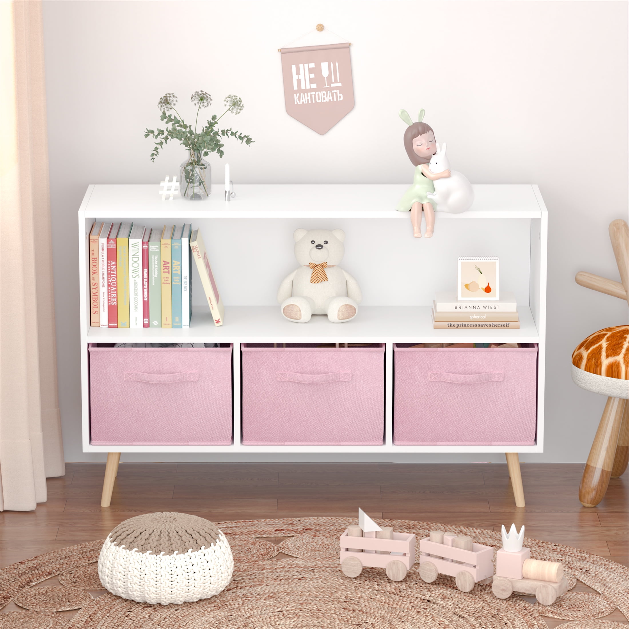 White and Pink Kids Bookcase with 3 Fabric Drawers, 6-Cube Toy Storage Organizer with Wall Anchor, 20-Gallon Capacity Children's Bookshelf for Nursery, 23.6 Inches High